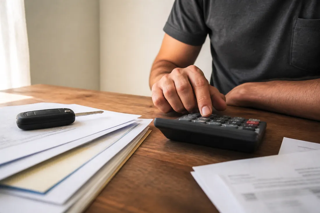 Pessoa calculando os custos da transferência ao lado da chave do carro