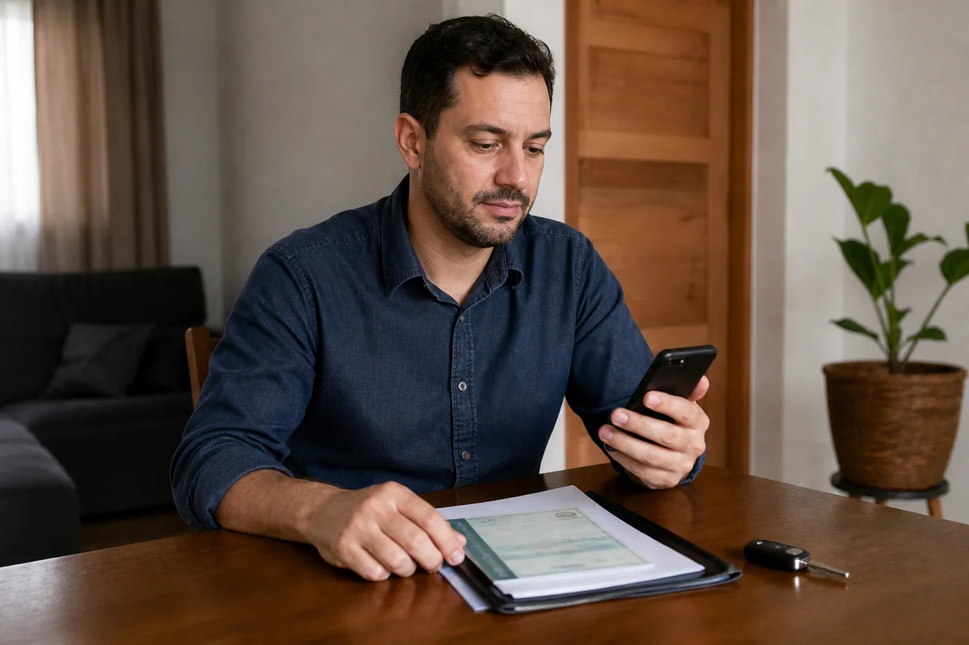 Cliente resolvendo a documentação do veículo pelo celular, com a pasta de documentos e a chave do carro sobre a mesa